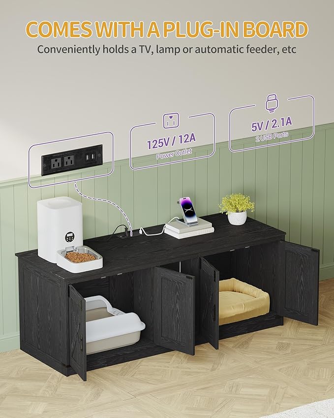 55" L Cat Litter Box Enclosure for 2 Cats, Double Hidden Litter Box Furniture with Scratch Pad, Wooden Cat Cabinet with USB Ports & Power Outlets, Farmhouse TV Stand, Black CB82504X