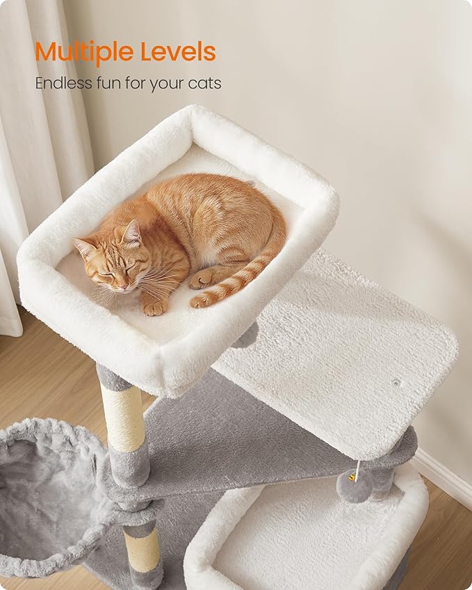 Feandrea Cat Tree, 60-Inch Cat Tower, Multiple-Level Plush Condo with 2 Caves, 3 Scratching Posts, 3 Perches, Dove Gray UPCT007G01