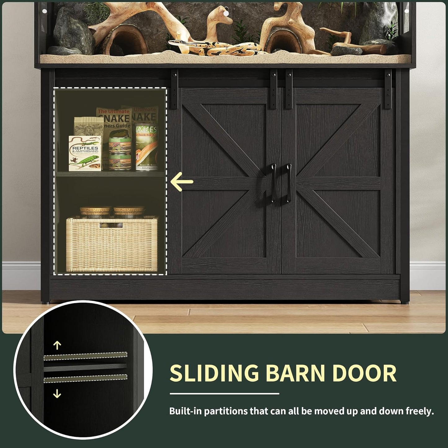 60 Gallon Reptile Terrarium with Stand, Terrarium Enclosure with Acrylic Doors, Storage Cabinet with Barn Door, Mesh Lid & Power Outlet – Vivarium Habitat for Medium Reptiles Black PX05RTB - FurryFun
