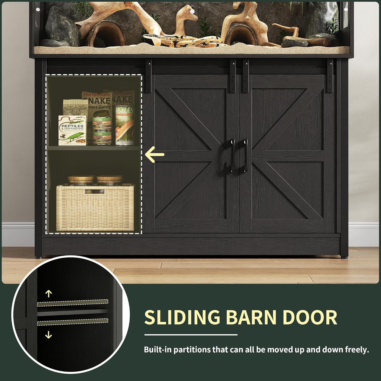 60 Gallon Reptile Terrarium with Stand, Terrarium Enclosure with Acrylic Doors, Storage Cabinet with Barn Door, Mesh Lid & Power Outlet – Vivarium Habitat for Medium Reptiles Black PX05RTB - FurryFun