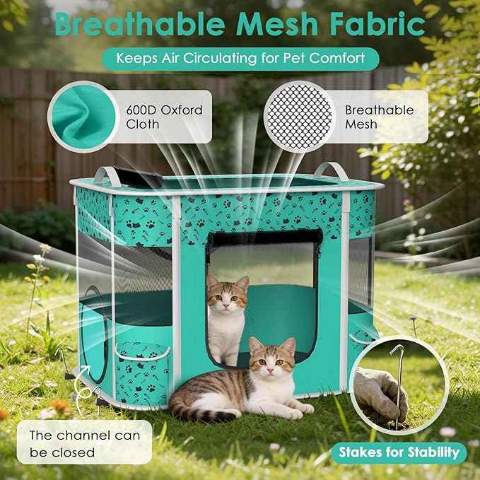 Cat Playpen - Portable Dog Playpen with Litter Box, Foldable Soft Dog Crate for Indoor/Outdoor, Pop Up Cat Enclosure, Collapsible Puppy Kitten Rabbit Cage Tent，3-Room