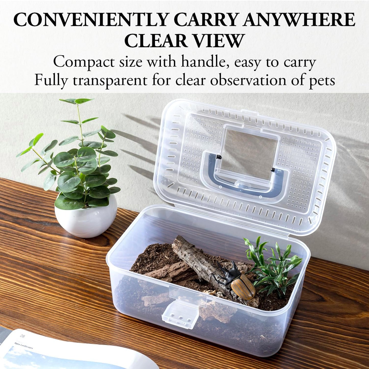 MyGift 9.5 x 6 Inch Clear Portable Insect Reptile Terrarium Tank with Black Carrying Handle, Transparent Travel Carrier for Insects Arachnids Amphibians Small Reptiles - FurryFun