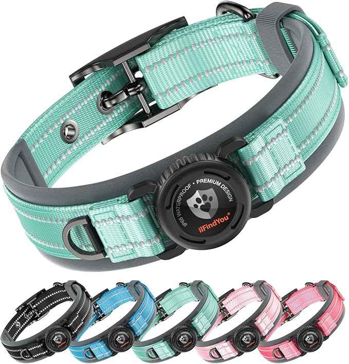 Upgraded AirTag Dog Collar with Holder, Waterproof Reflective Air Tag Dog Collar with Widened Comfortable Padding & Ultra-Durable Metal Buckle, Adjustable for Medium (Cyan, Small)