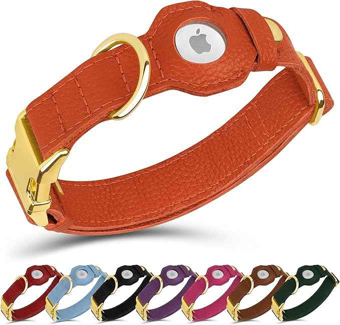 Leather Airtag Dog Collar - Soft Tracking Dog Collar with Apple AirTag Holder and Metal Buckle - Safety GPS Pet Collars for Small Medium Large Dogs Puppy Pink Red (Orange, M, 14"-18" Neck Fit)