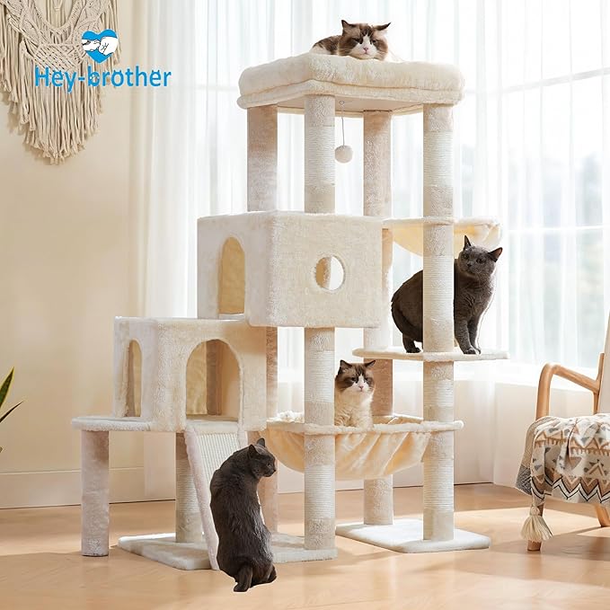 Hey-brother Cat Tree Tower, Scratching Posts with Big Platform, 2 Condos, Spacious Hammock, Cozy Basket, Sisal Board for Indoor Large Adults, 50 Inches Progressive Climbing House, Beige MPJ071M