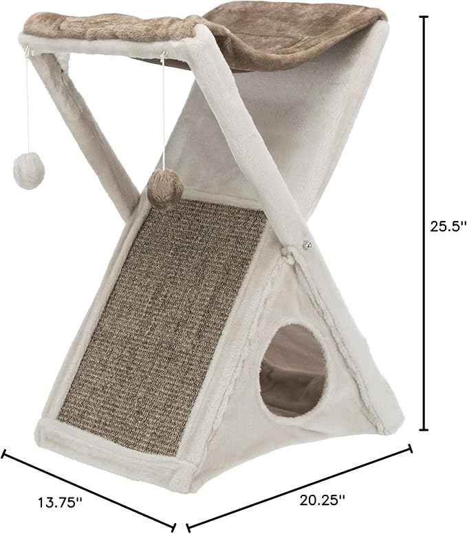 TRIXIE Miguel Fold and Store Cat Hammock, Indoor Cat Furniture with Dangling Toys, Scratching Pad, and Cave, Taupe/Light Gray