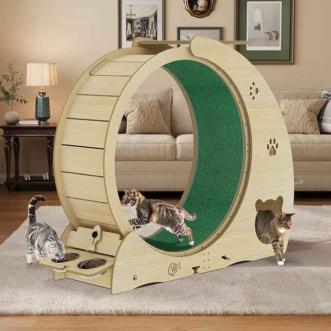Cat Running Wheel for Indoor Cats, Large 6-in-1 Cat Treadmill with Bowls, Scratch Post & Resting House, Quiet Cats Wheel Exerciser for Kitty Fitness Wood Color