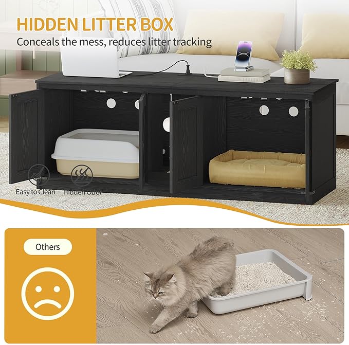 55" L Cat Litter Box Enclosure for 2 Cats, Double Hidden Litter Box Furniture with Scratch Pad, Wooden Cat Cabinet with USB Ports & Power Outlets, Farmhouse TV Stand, Black CB82504X