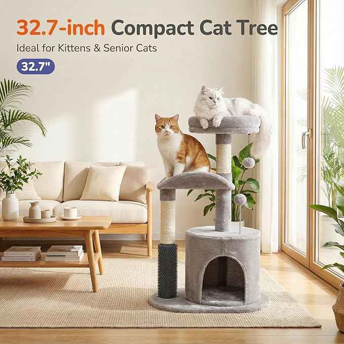 32" 7 Small Cat Tree for Kittens & Senior Cats, Removable Plush Perch, Cozy Condo, Sisal Scratching Post, Compact Cat Tower for Small Spaces w/Cat Toy