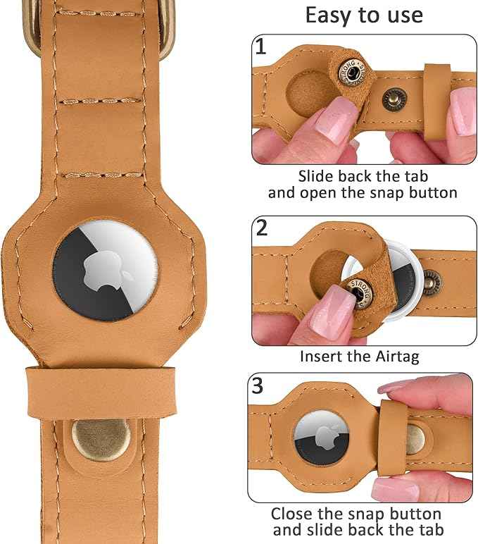 AirTag Dog Collar - Genuine Leather Dog Collar with Apple AirTag Holder and Metal Buckle - Smart GPS Tracking Pet Collars (Light Brown, S, 12"-15" Neck Fit)