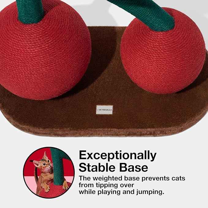 VETRESKA Cat Scratching Post, Large Cherry Cat Scratcher with Hammock, Tall Cat Scratch Interactive Toy with Natural Jute Rope for Indoor Cats, Kittens