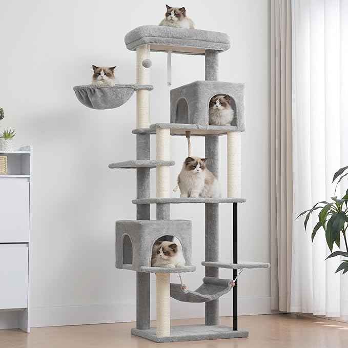 Cat Tree for Indoor Cats Large Adult, 70.5'' Cat Tower with Scratching Post, Sturdy Steel Pube Cat Tree Tower with Large Playing Platfrom, Hammock and Basket, Top Perch, Light Gray GCT024W