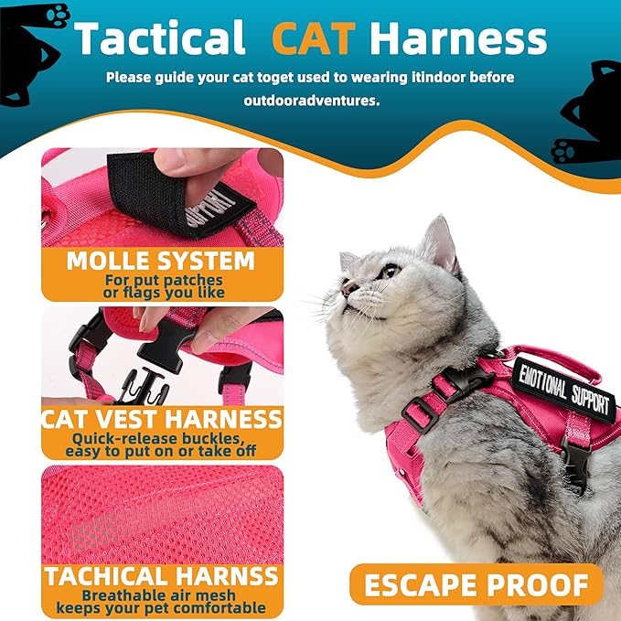 Tactical Cat Harness Pink for Walking Esacpe Proof,Adjustable Soft Mesh Large Cat Vest with Rubber Handle Easy to Control,Molle Patches XL