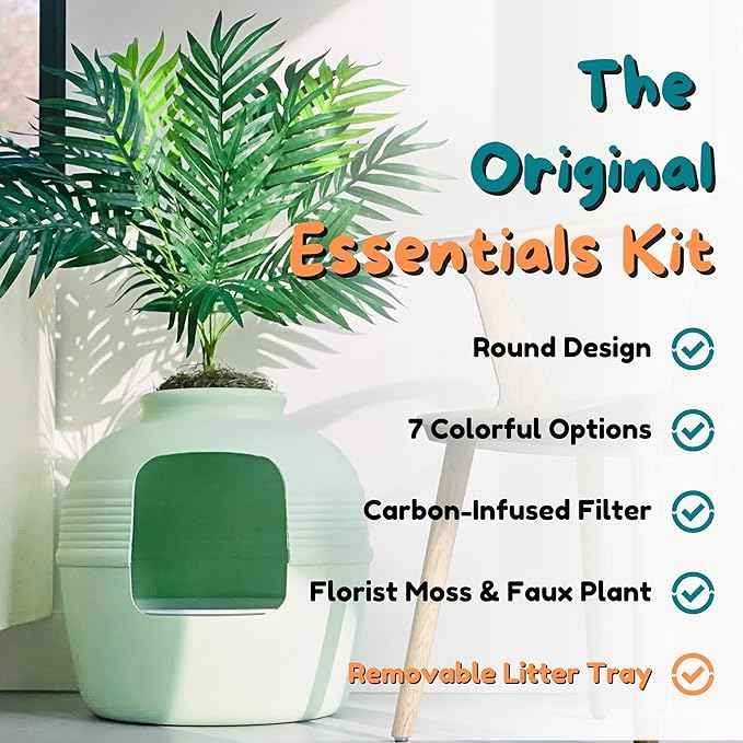 Good Pet Stuff Hidden Litter Box Planter, Decorative Cat Litter Enclosure with Carbon Filter, Artificial Plant, Easy Clean, Indoor Design, Original Round Style, Essentials Kit, Seagrass Green