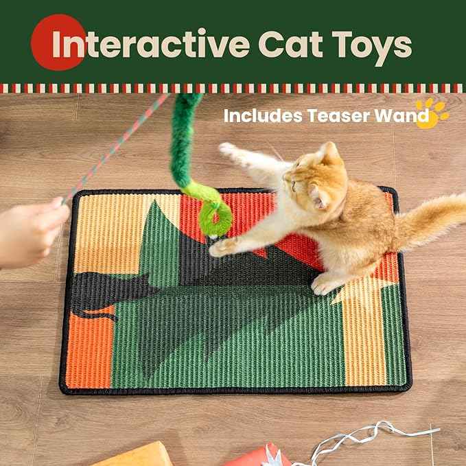 Cat Scratcher Mat,Sisal Cat Scratch Pad,Horizontal Floor Cat Scratching Pads Rug for Indoor Cats,Protector for Wall&Carpets&Sofas,Kitty Xmas-Gift, Includes Cat Toy (M, Christmas)