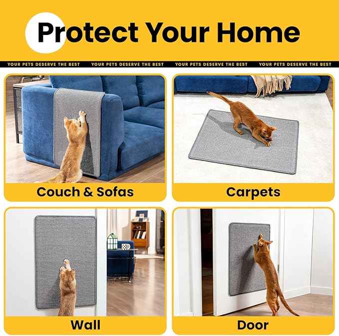 Cat Scratcher Mat,Natural Sisal Cat Scratch Pad with Hook&Loop Tape,Horizontal Floor Kitty Scratching Pads Rug for Indoor,Pet Furniture Protector for Couch&Carpets&Sofas, Large, Grey