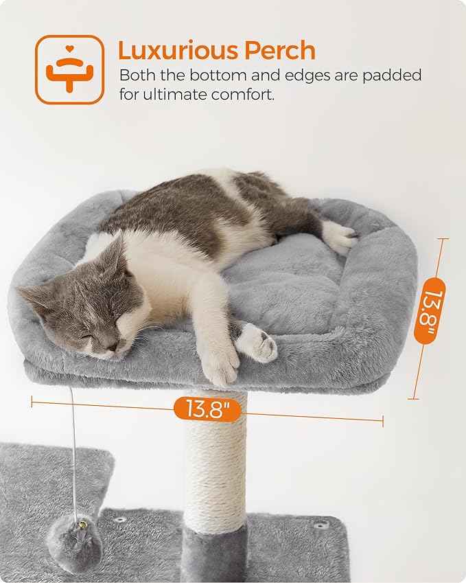 Feandrea Cat Tree, 55.1-Inch Cat Tower, Plush Multi-Level Condo with 4 Scratching Posts, 2 Perches, Hammock, Cave, Light Gray UPCT161W01