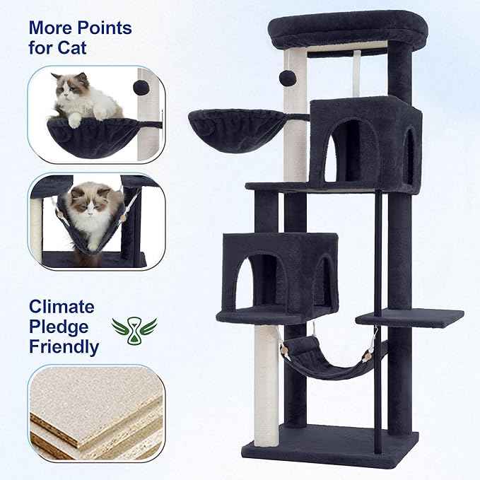 51.2'' Cat Tree Tower, Cat Tower with Scratching Post, Sturdy Steel Pube Cat Tree for Inoor Cats Large Adult, Cat Hammock and Basket, Padding Top Platform, Drak Gray GCT014G