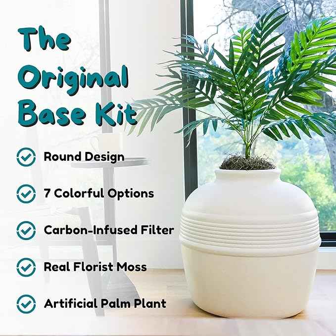 Good Pet Stuff Hidden Litter Box Planter, Decorative Cat Litter Enclosure with Carbon Filter, Artificial Plant, Easy Clean, Indoor Design, Original Round Style, Base Kit, White Birch