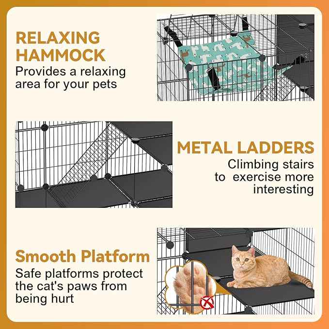 Cat Cage, 3-Tier DIY Cat Enclosures Catio, Cat Playpen Indoor & Outdoor with Hammock, Detachable Metal Wire Kennel Cats Crate, 2x3x3 Exercise Place for 1-3 Cats/Kitten
