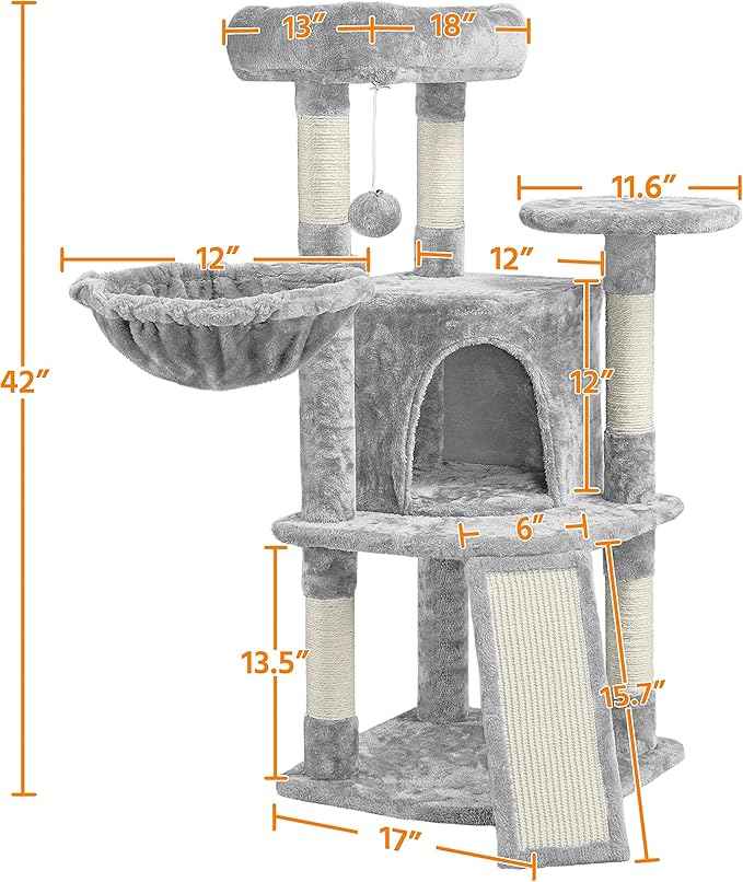 Topeakmart 42in Cat Tree Tower for Indoor Cats, Cat Condo with Perch & Hammock, Activity Center, Multi-Level Cat Furniture with Scratching Posts, Cat House, Light Gray