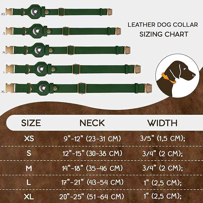 AirTag Dog Collar - Genuine Leather Dog Collar with Apple AirTag Holder and Metal Buckle - Smart GPS Tracking Pet Collars (Dark Green, XL, 20"-25" Neck Fit)