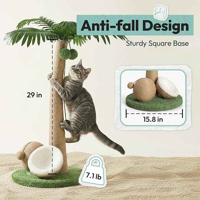 Cat Scratching Post 33 Inch Palm Tree with Hanging Balls and Double Coconut Toys, Cat Scratcher for Indoor Kittens, Extra Stable Base, Paw-Friendly Jute Material M