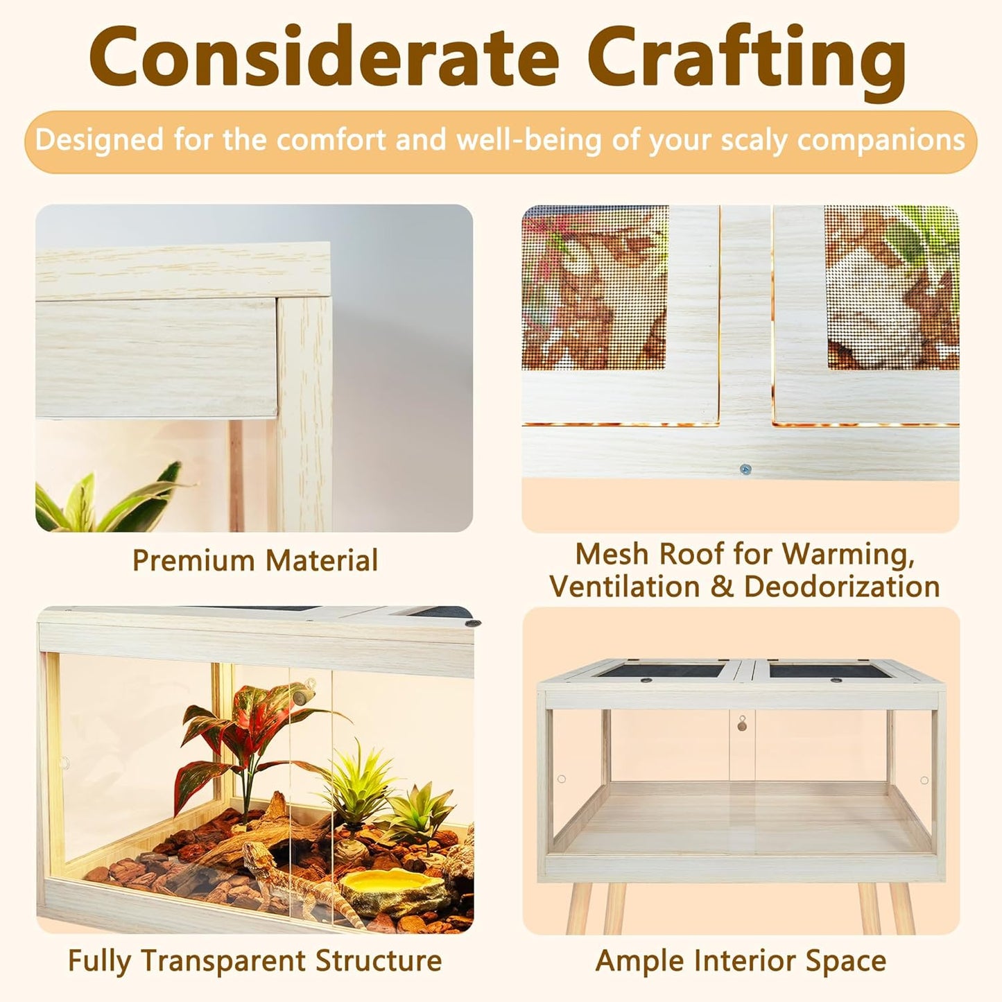 Bearded Dragon Tank with Legs Up to 77 Gallons, Tortoise Habitat with Metal Mesh Top, Reptile Enclosure Lockable Design, Snake Tank (Oak, 62 Gallon, 40" L x 20" W x 47.6" H) - FurryFun