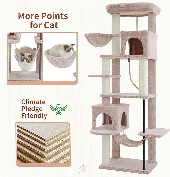 Cat Tree for Indoor Cats Large Adult, 70.5'' Cat Tower with Scratching Post, Sturdy Steel Pube Cat Tree Tower with Large Playing Platfrom, Hammock and Basket, Top Perch, Mushroom GCT024MU