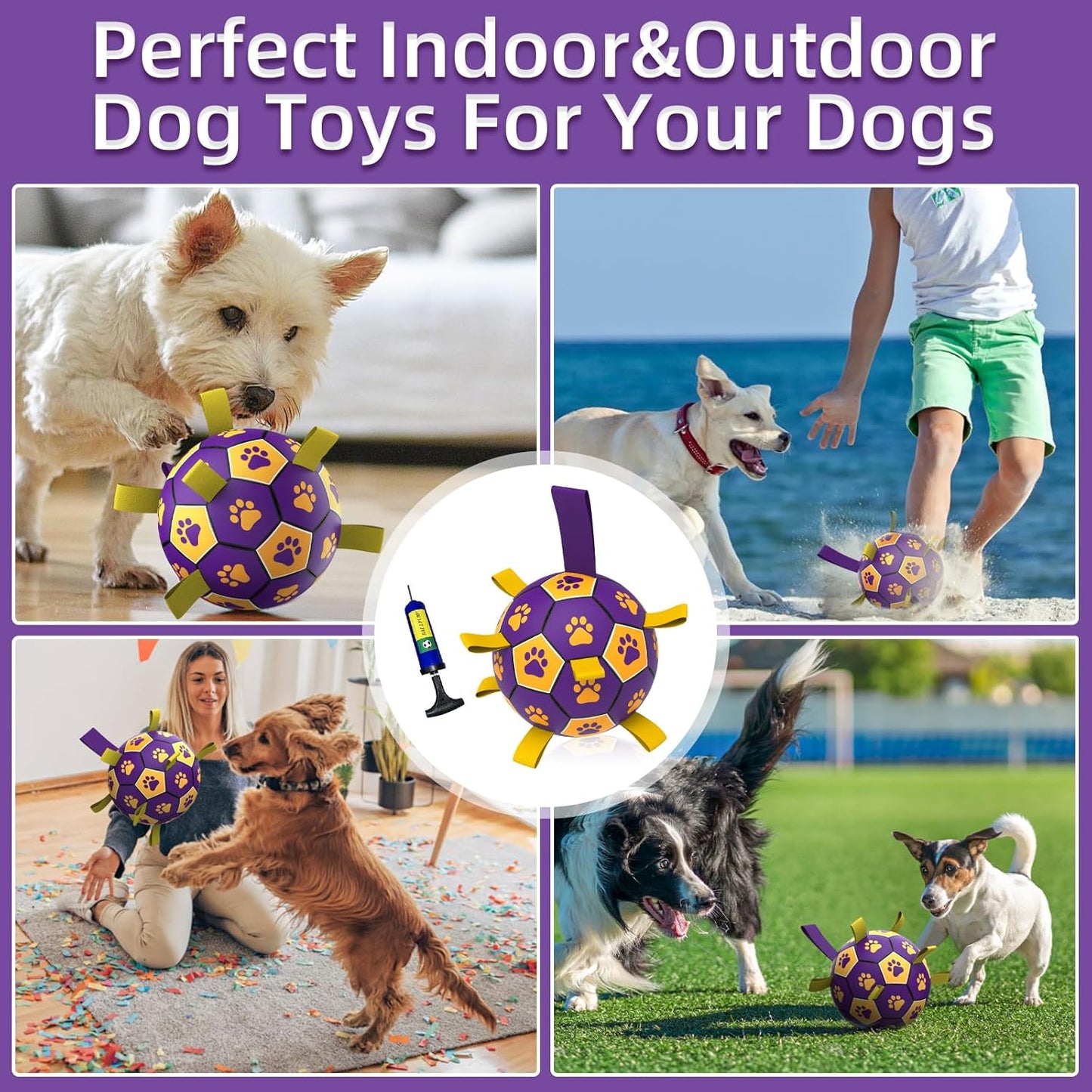 QDAN Dog Ropes Toys, Soccer Ball with Straps, Dogs Water Toy, Durable Dog Balls for Small Medium Breed（6 Inch）