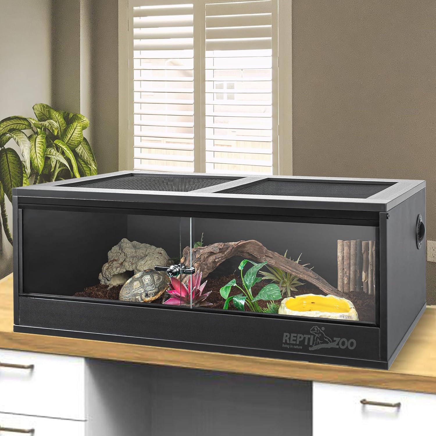 REPTI ZOO 35 Gallon PVC Reptile Tank, 36x18x12 Reptile Terrarium for Crested Gecko Leopard Gecko Frog Lizard Snake Turtle Hermit Crab, Reptile Enclosure with Sliding Door & Screen Ventilation, Black - FurryFun