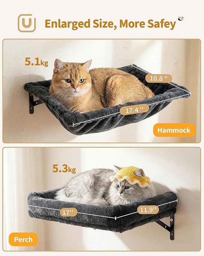 Cat Wall Shelves with Vertical Cat Scratcher, 17" × 11.9" Large Perch Bed and Hammock for Large Adult Cats, 6-in-1 Heavy Duty Cat Furniture Set for Indoor Cats