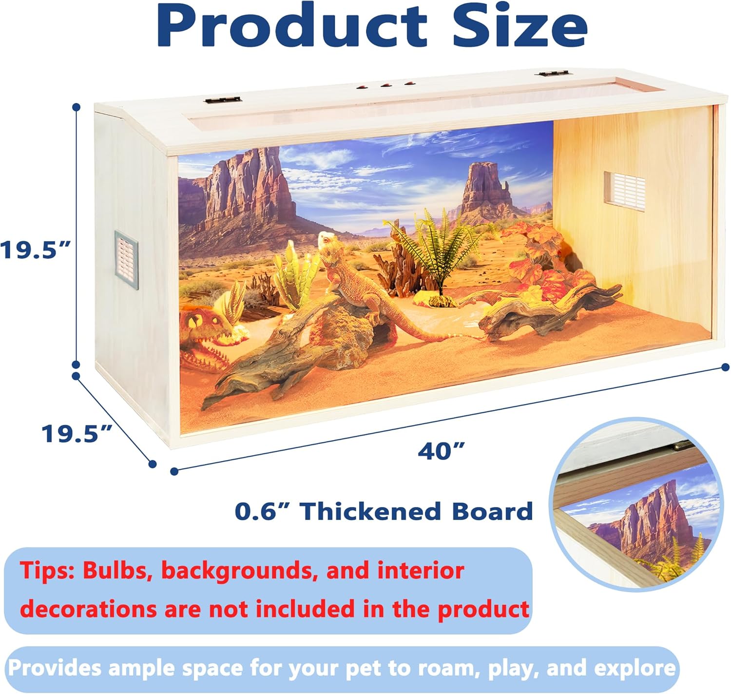 Prolee 63 Gallon Bearded Dragon Tank,Wooden Reptile Tank and Lizard Tank, Large Bearded Dragon Enclosure with Built-in Lamp Fixture, Snake Tank (40" L X 19.5" W X19.5 H) - FurryFun