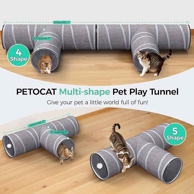 Cat Tunnel 4 Way with Teaser Wand & 2 Plush Ball, 5 Shapes Available, 54/80.7" L, H-Shaped Collapsible Pet Play Tube Maze for Kitten Puppy Bunny Ferret Rabbit, Indoor/Outdoor Peekaboo Cave