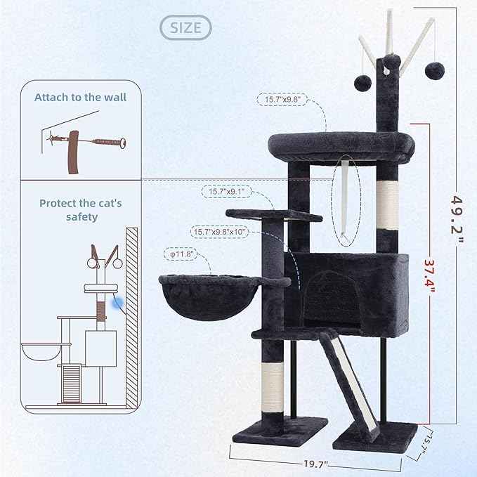 Cat Tree for Indoor Cats, Cat Tower with Scratching Post for Small Cats and Kittens, Cat House with Removable Top Platform and Fluffy Balls, Hanging Cat Basket, Smoky Gray GCT006SG