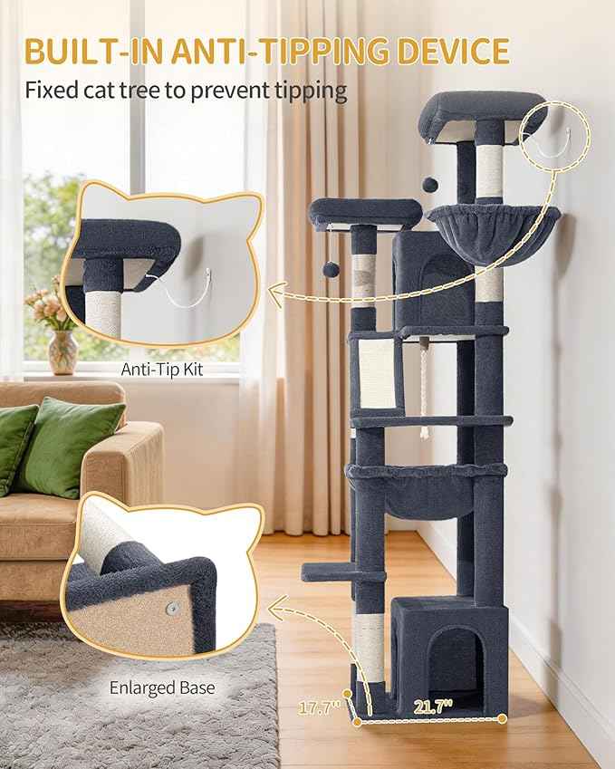 Large Cat Tree, 72 Inch Tall Indoor Cat Tower for 6 Large Cats, Corner Climbing Activity Pet Condo with 2 Large Platforms/2 Cats House/6 Scratching Post/1 Hanging Basket, Dark Gray MS18318SG