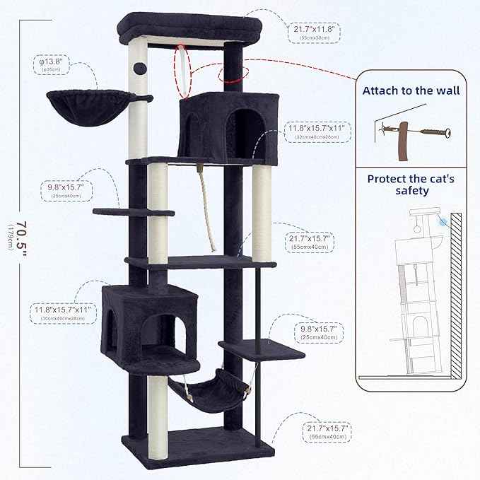 Cat Tree for Indoor Cats Large Adult, 70.5'' Cat Tower with Scratching Post, Sturdy Steel Pube Cat Tree Tower with Large Playing Platfrom, Hammock and Basket, Top Perch, Drak Gray GCT024G