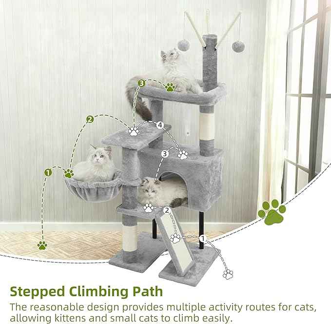 Cat Tree for Indoor Cats, Cat Tower with Scratching Post for Small Cats and Kittens, Cat House with Removable Top Platform and Fluffy Balls, Hanging Cat Basket, Light Gray GCT006SW