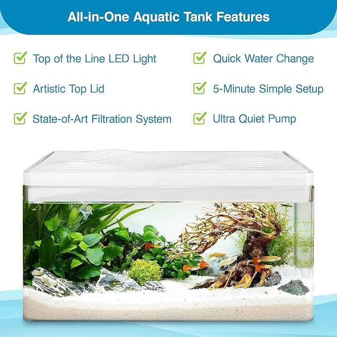 Harmony Aquarium Tank Deluxe by Clairnara – All-in-One 8 Gallon Freshwater Fish Tank with LED Light, Quiet Pump, Patented Filtration, and Special Wood Grain Toplid – iF Design Award Winner