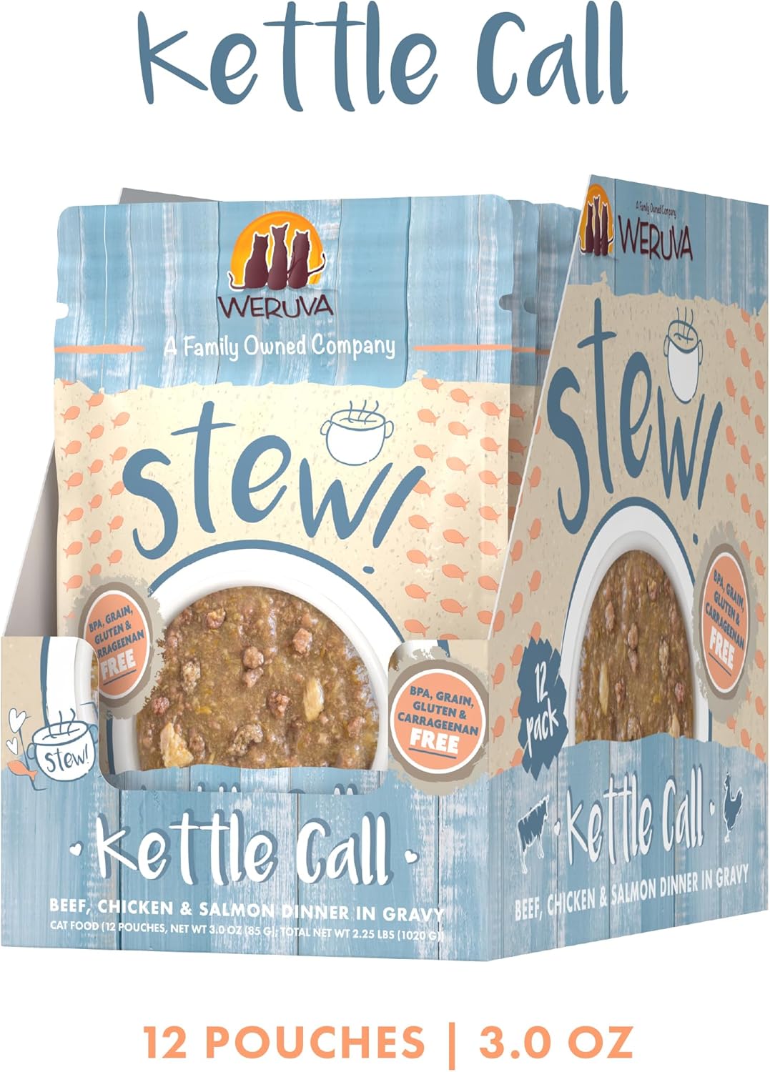 Weruva Classic Cat Stews!, Kettle Call with Beef, Chicken & Salmon in Gravy, 3oz Pouch (Pack of 12)