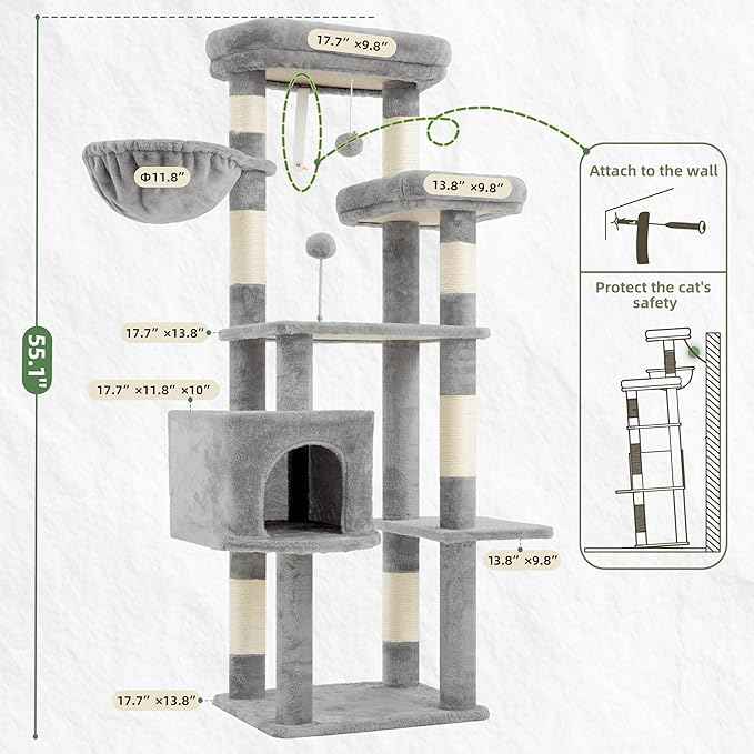 Cat Tree for Indoor Cats, 55.1 inch Cat Tower with 7 Sisal Scratching Posts, Multi-level Cat Condo wit Large Play Platform Furry Ball, Cat Cave, 2 Padded Perches, Basket, Light Gray GCT013W