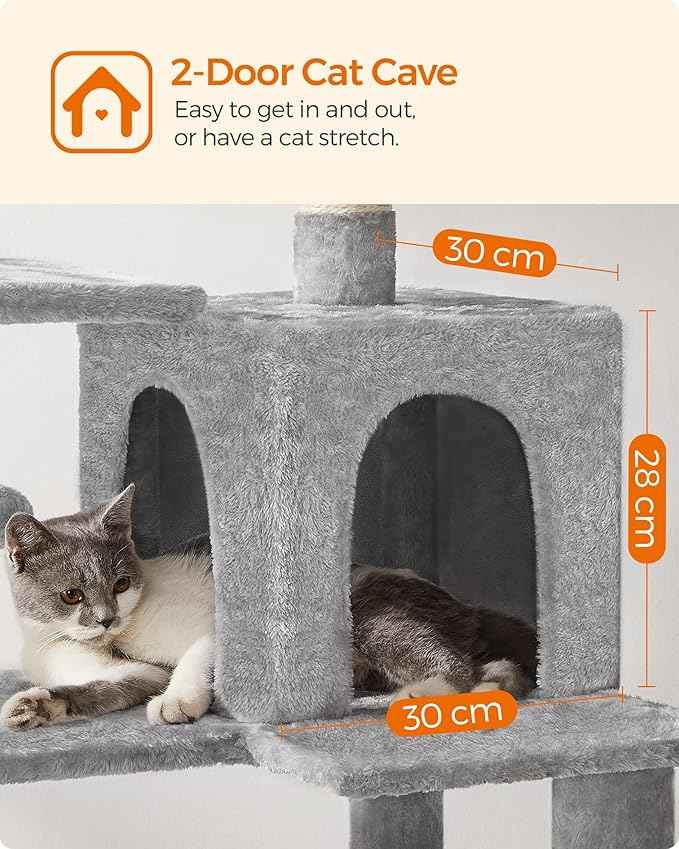 Feandrea Cat Tree, 55.1-Inch Cat Tower, Plush Multi-Level Condo with 4 Scratching Posts, 2 Perches, Hammock, Cave, Light Gray UPCT161W01