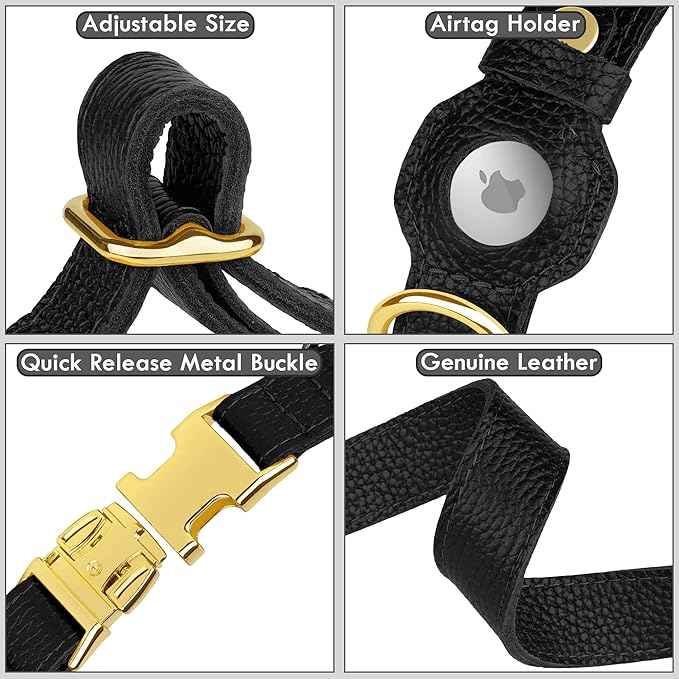 Leather Airtag Dog Collar - Soft Tracking Dog Collar with Apple AirTag Holder and Metal Buckle - Safety GPS Pet Collars for Small Medium Large Dogs Puppy Pink Red (Black, XS, 9"-12" Neck Fit)