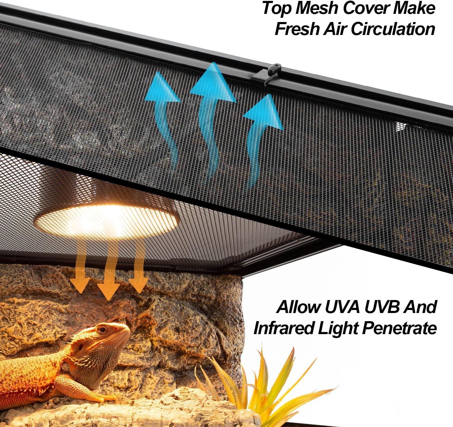 Large Reptile Tank 45 Gallon, 360°Full Vision Glass 48“ Long & 12” Low Reptile Terrarium with Top Mesh Lid for Tortoise Snake Ball Python - FurryFun