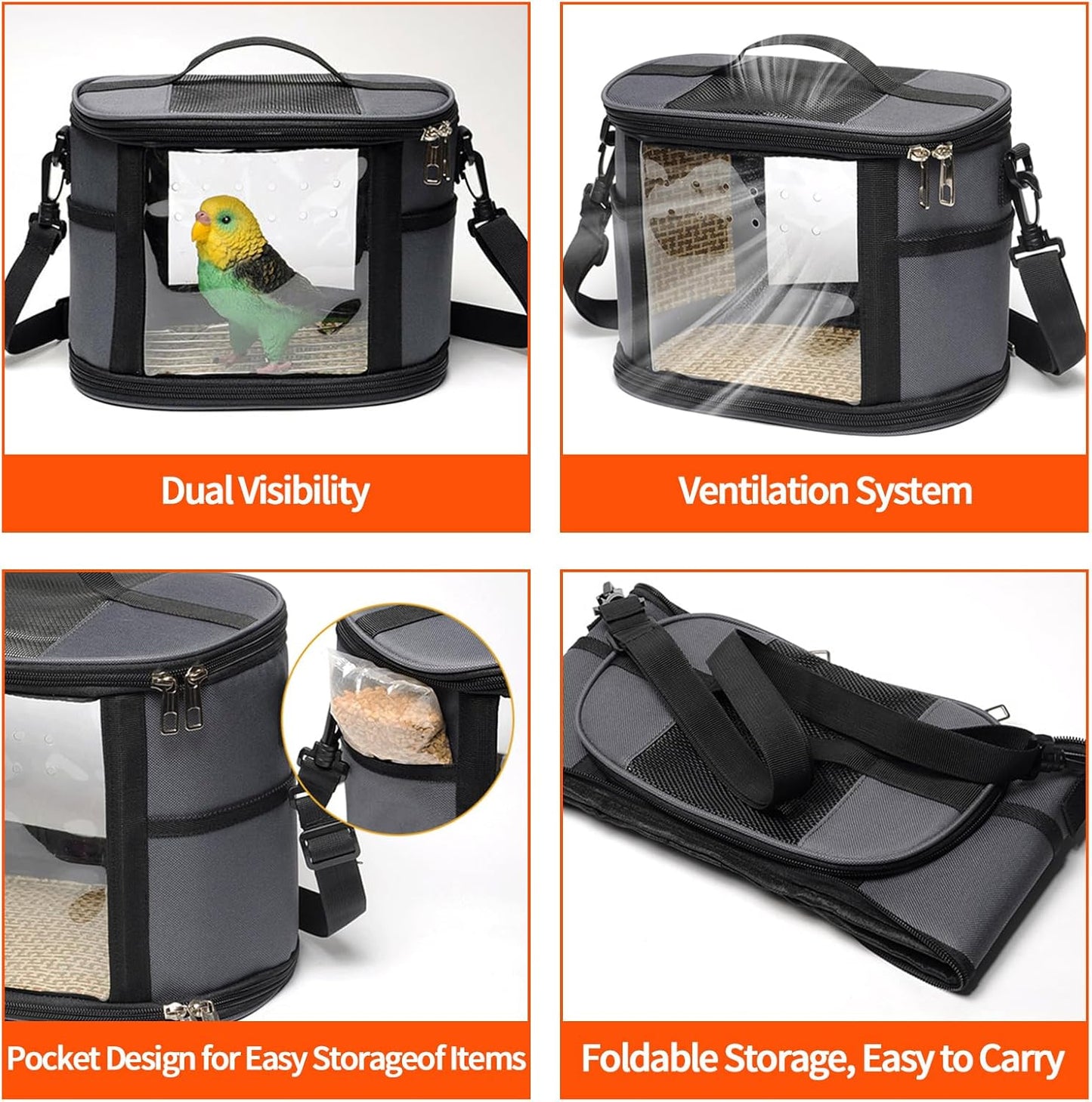 Bird Travel Carrierm, Small Bird Travel Backpack Carrier Cage with Tray and Breathable Clear Window, for Parakeet Cockatiel Budgies, for Camping Hiking (Large-White)