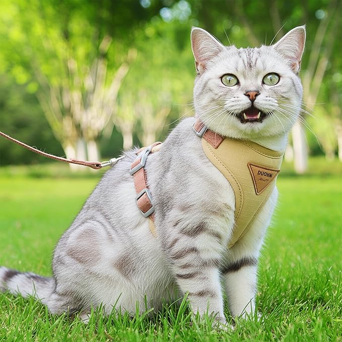 Escape-Proof Cat Harness and Leash Set - Adjustable and Comfortable - Ideal for Walking Cat Outdoors - Fits Small Dogs, Kittens, Medium, and Large Cats (Beige, M)