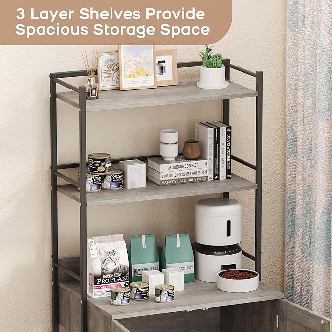 Cat Litter Box Enclosure, Hidden Litter Box Furniture with 3 Storage Shelves and Doors, Rustic Indoor Cat Cabinet, Multi-Functional Storage for Food, Cats Toilet Furniture