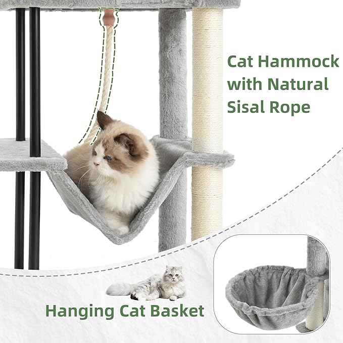 Cat Tree, Cat Tower for Indoor Cats, 43.3 inch Cat Tree Tower with Sturdy Steel Tube, Cat Hammock, Cat Condo for Small Cats and Kittens, Cat Scratching Post, Light Gray GCT004SW