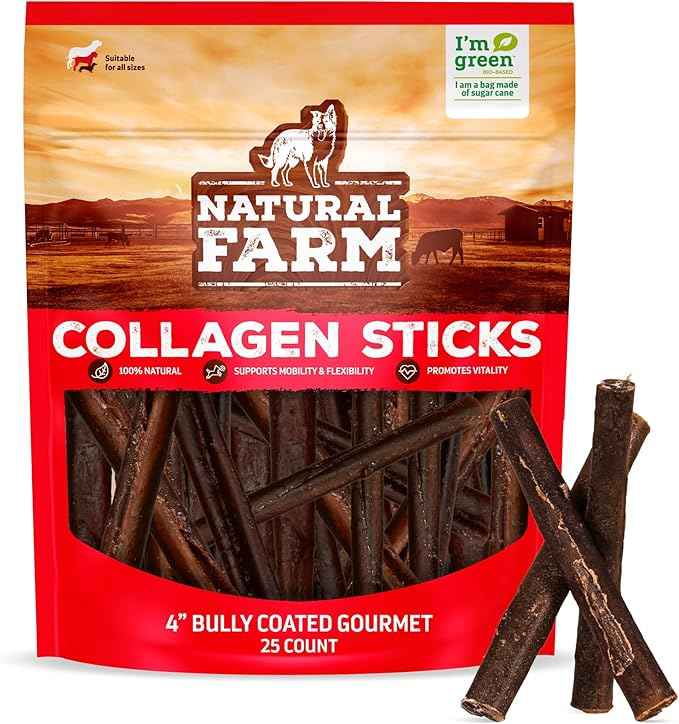 Natural Farm Bully Coated Gourmet Collagen Sticks (4 Inch, 25 Pack) – Real Bully Beef Coated, 95% Natural Collagen Dog Chews, Supports Healthy Joints, Skin & Coat - Best for Small & Medium Dogs