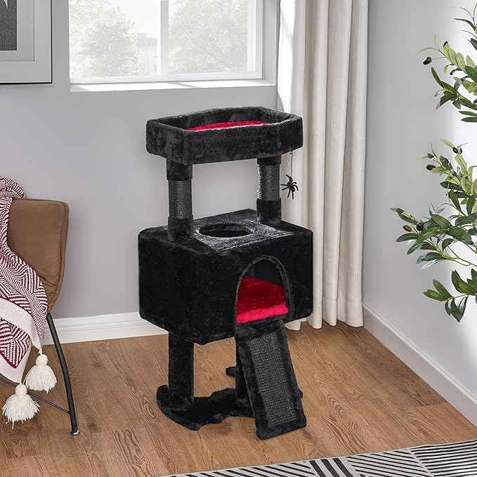 BEWISHOME Cat Tree Tower for Indoor Gothic Cat Trees with Coffin Bed, Cat Condo Cat House with Scratching Posts, Cat Shelves with Spider Toy, Pet Play Activity Center Black with Red, MMJ95R